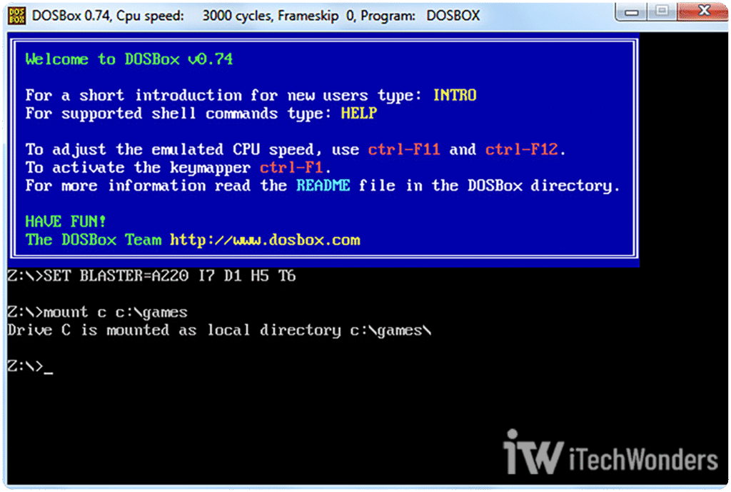 DOSBox command-line interface showing C drive mounted