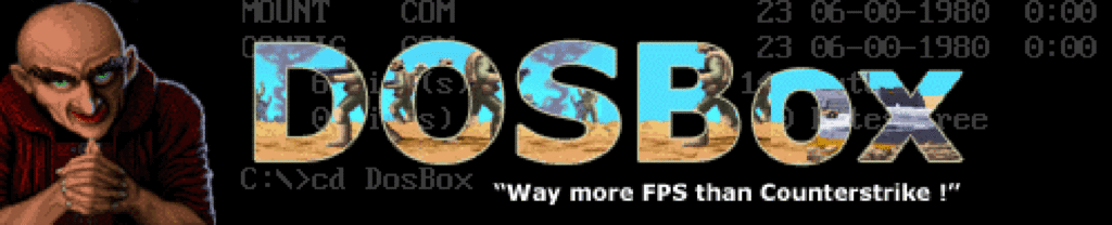 Featured cover image from DOSBox showing the classic command‑line interface and tagline “Way more FPS than Counter Strike!”