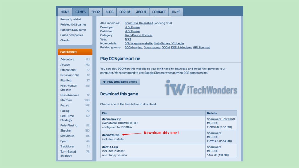 DOS Games Archive download page for DOOM (1993).