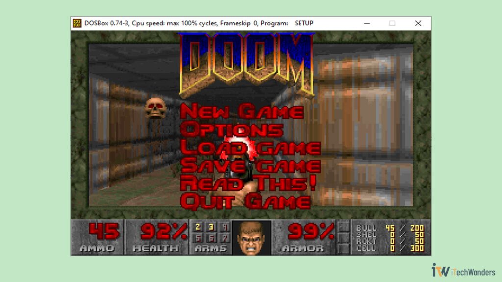 DOOM 1993 running fullscreen in DOSBox emulator.