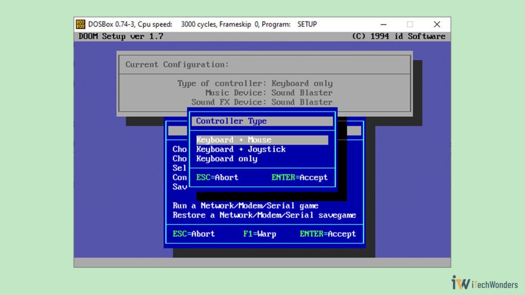 DOOM setup screen showing the controller type selection menu with “Keyboard + Mouse” highlighted.