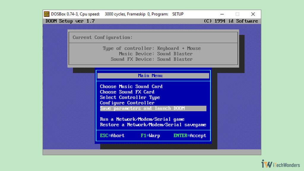 DOOM setup main menu with the “Save parameters and launch DOOM” option selected.