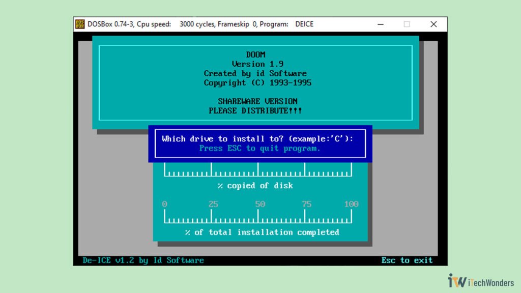 DOOM installation prompt in DOSBox asking which drive to install to, with C: selected.