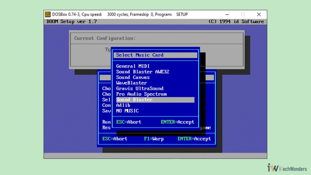 DOS-based setup menu for DOOM, showing options for music and sound FX devices.