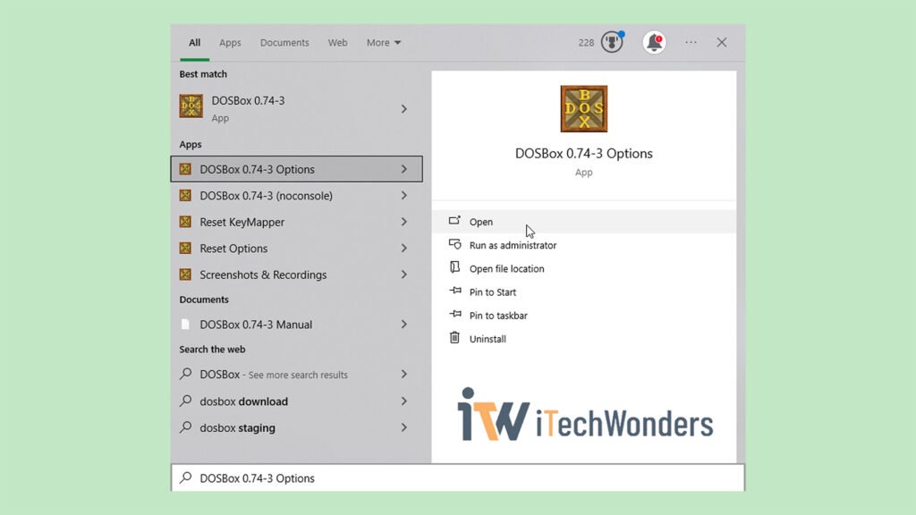Screenshot showing how to open DOSBox 0.74-3 Options from the Windows 10 Start Menu to access the configuration file.