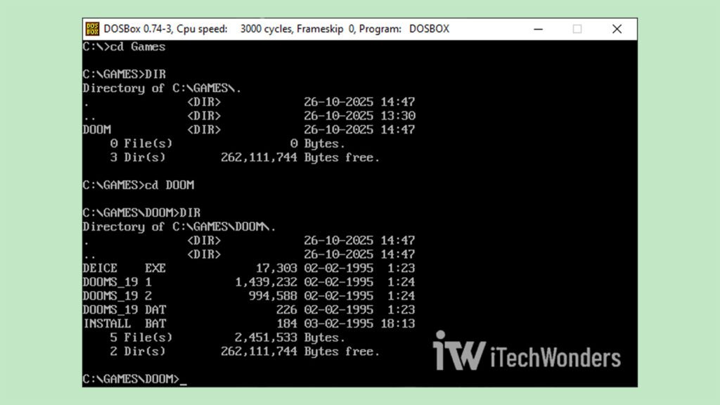 DOSBox showing directory listing in C:\Games\DOOM with INSTALL.BAT ready to run.