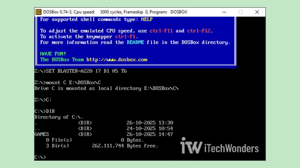 DOSBox showing directory listing of the virtual C: drive with the Games folder.