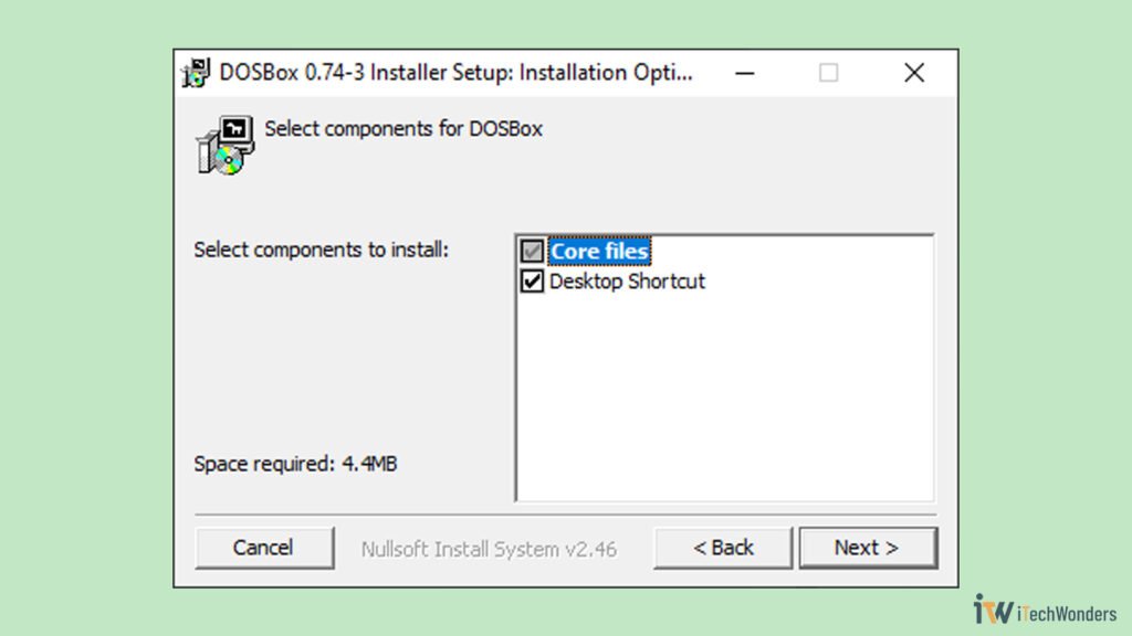 DOSBox installer component selection screen showing the Desktop Shortcut option.