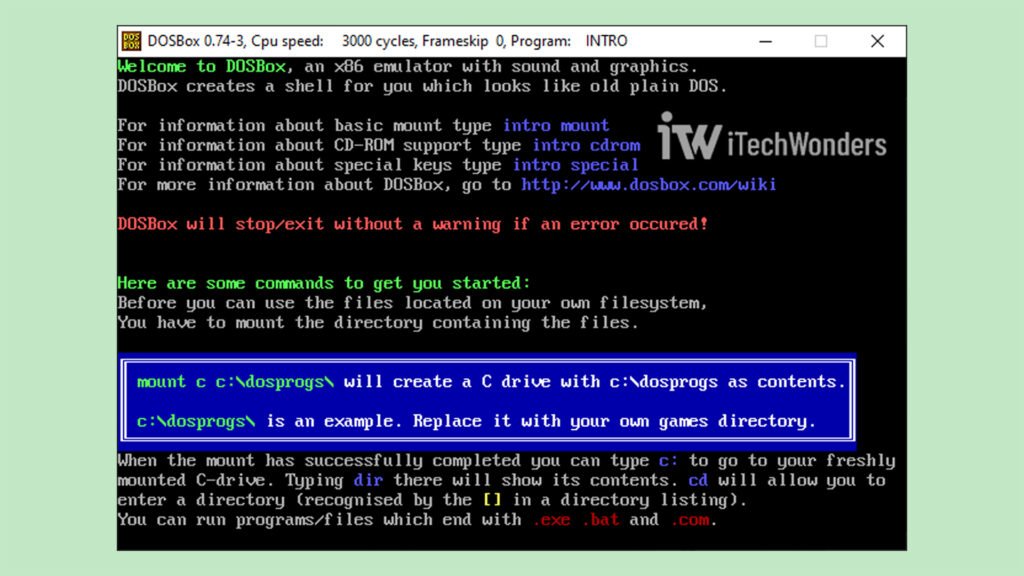 DOSBox intro command showing basic usage instructions.