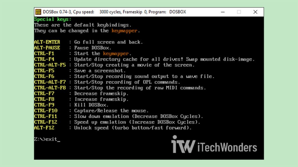 DOSBox window showing the keybindings and default shortcuts displayed by the intro special command.