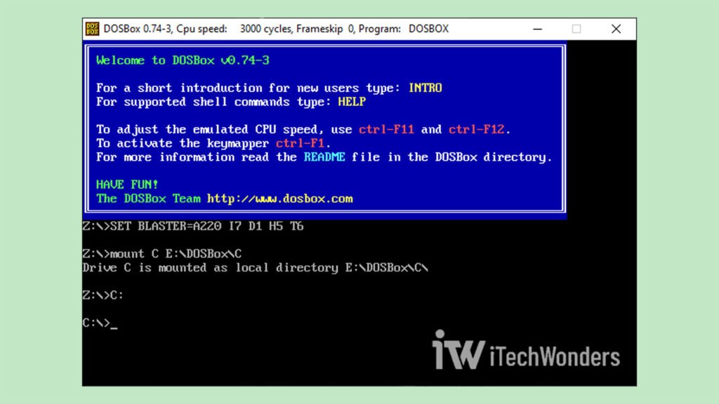 DOSBox command-line terminal showing the process of mounting the C drive and switching to it.