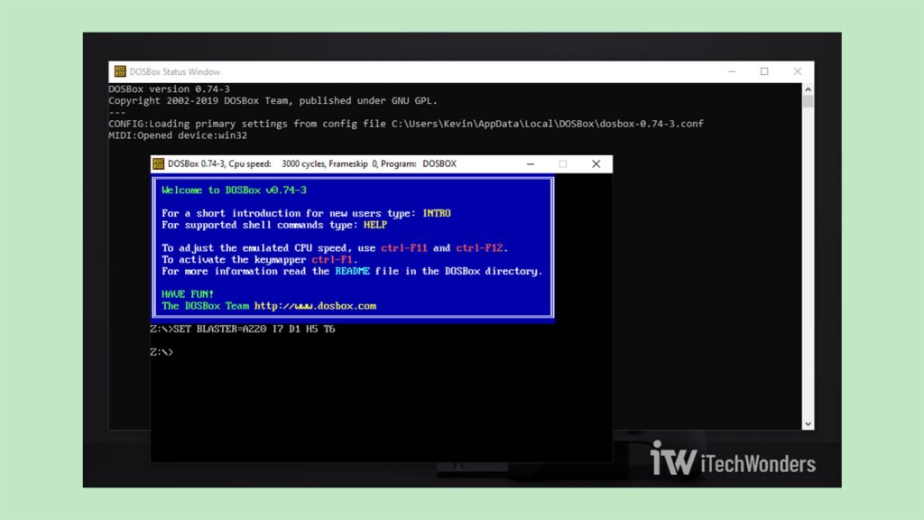 DOSBox startup showing both the Status Window with configuration log and the main window command prompt.