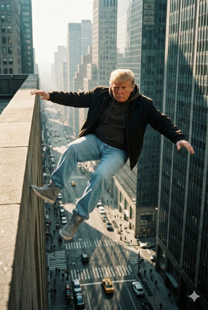 A demonstration of the Nano Banana capability, featuring Donald Trump mid-fall from a skyscraper ledge in a stunningly detailed, photorealistic cinematic shot.
