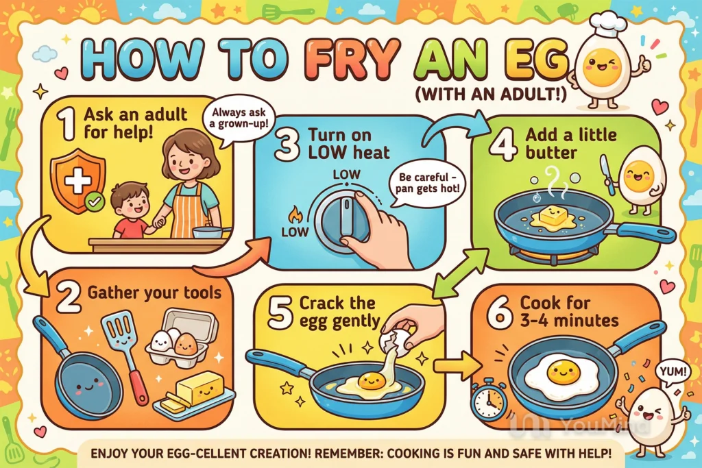 A kid friendly infographic created by Nano Banana Pro showing how to fry an egg.