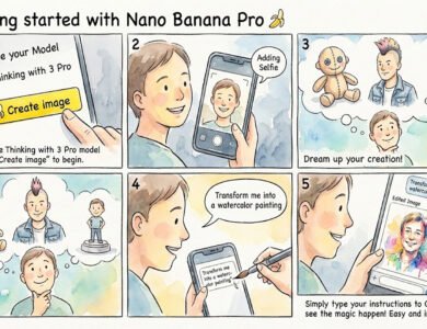 Illustrated comic tutorial on getting started with Nano Banana Pro AI image generation in Gemini app.