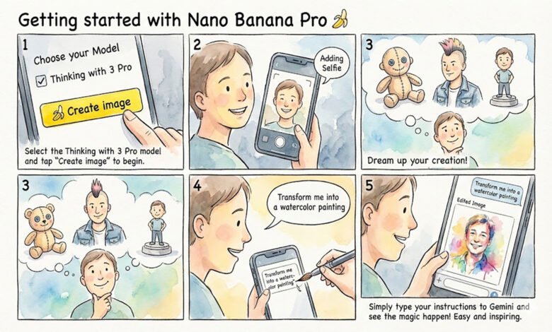 Illustrated comic tutorial on getting started with Nano Banana Pro AI image generation in Gemini app.