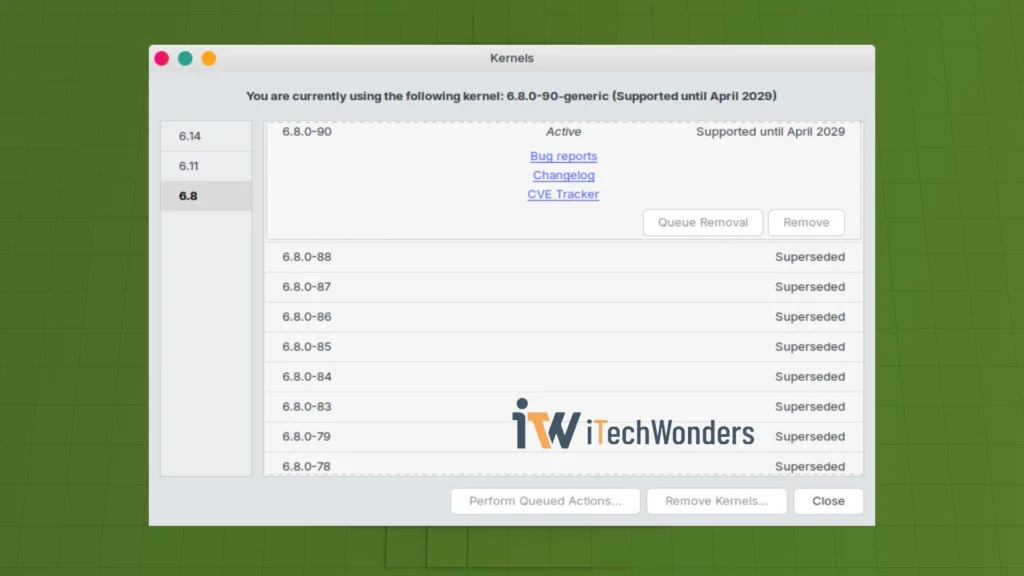 Linux Mint 22 Kernel Manager showing kernel 6.8.0-90-generic installed and active.