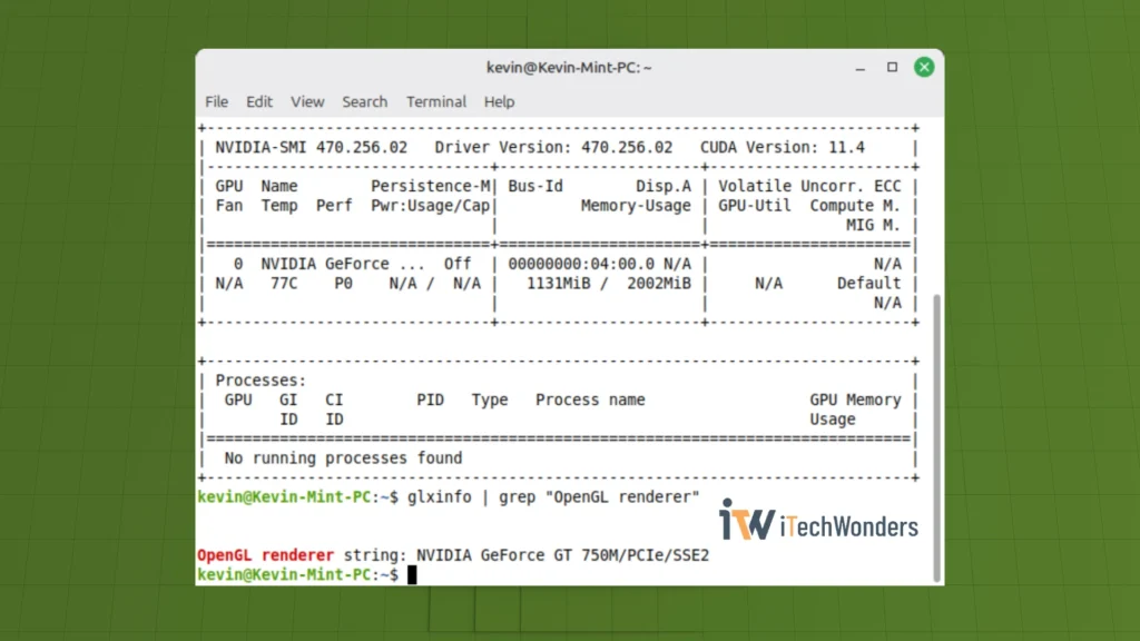 Terminal showing OpenGL renderer string for NVIDIA GeForce GT 750M on Linux Mint 22.