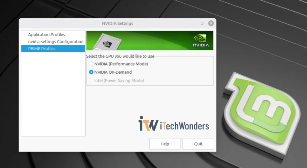 NVIDIA X Server Settings PRIME Profiles set to NVIDIA On-Demand for GT 750M on Linux Mint 22.