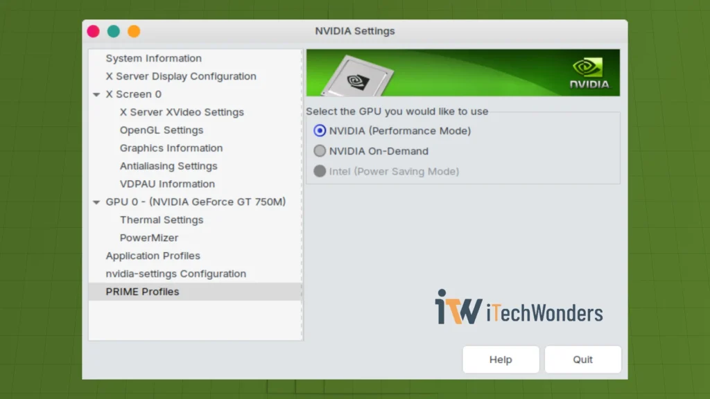 NVIDIA X Server Settings showing PRIME Profiles set to NVIDIA Performance Mode for GT 750M Kepler GPU on Linux Mint 22.