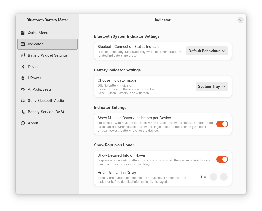 The Indicator settings tab of Bluetooth Battery Meter extension on Ubuntu The Indicator settings tab of Bluetooth Battery Meter extension on Ubuntu.