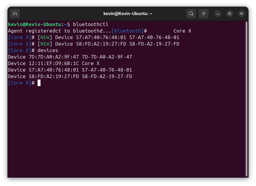 Ubuntu Terminal showing the bluetoothctl interactive shell and a list of recognized Bluetooth devices Ubuntu Terminal window showing bluetoothctl interactive mode and the devices command listing connected Bluetooth devices.