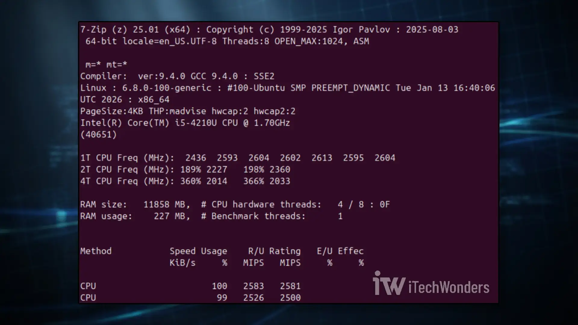 7-Zip CPU benchmark on Linux using multi-method “(-mm=*)” and multi-thread “(-mmt=*)” options in Terminal