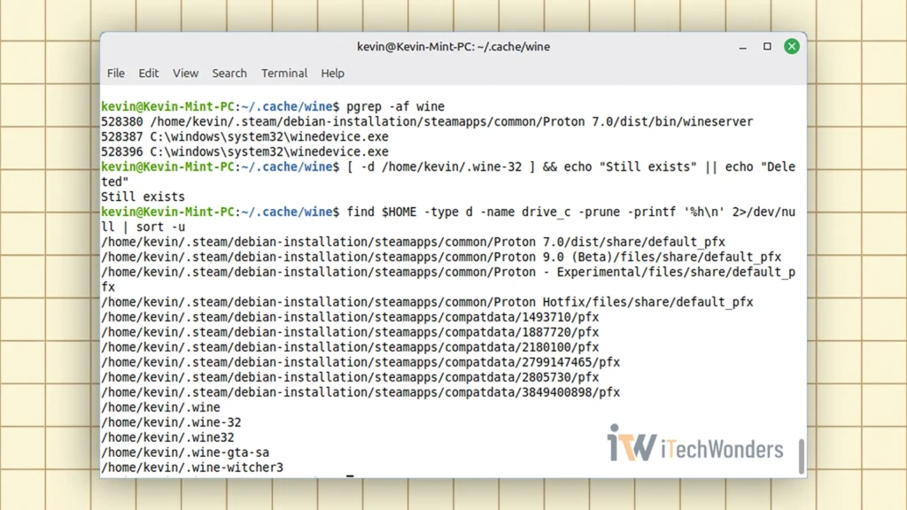 Linux terminal listing Wine prefixes and Steam Proton compatdata directories using find drive_c command.