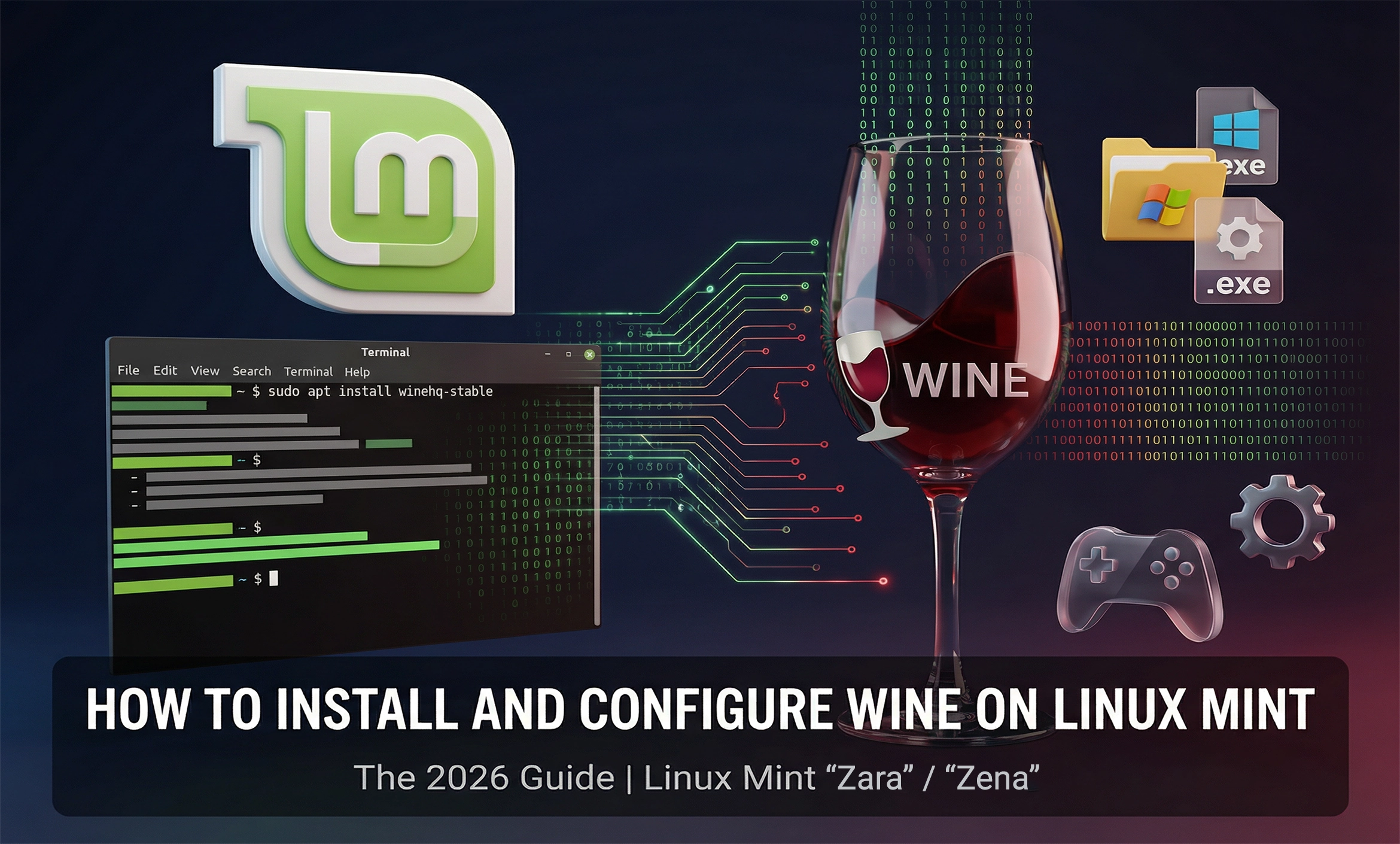 Professional guide showing the process to install and configure Wine on Linux Mint 22 (Zara, Zena) to run Windows applications and games.