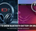 Comparison of missing battery icon on headphones and fixed Bluetooth battery percentage indicator on Ubuntu 24.04 top bar.