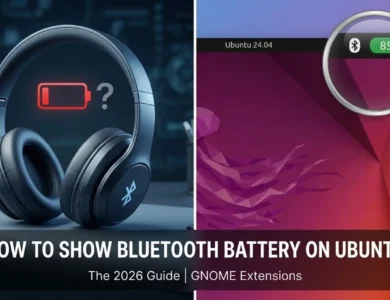 Comparison of missing battery icon on headphones and fixed Bluetooth battery percentage indicator on Ubuntu 24.04 top bar.