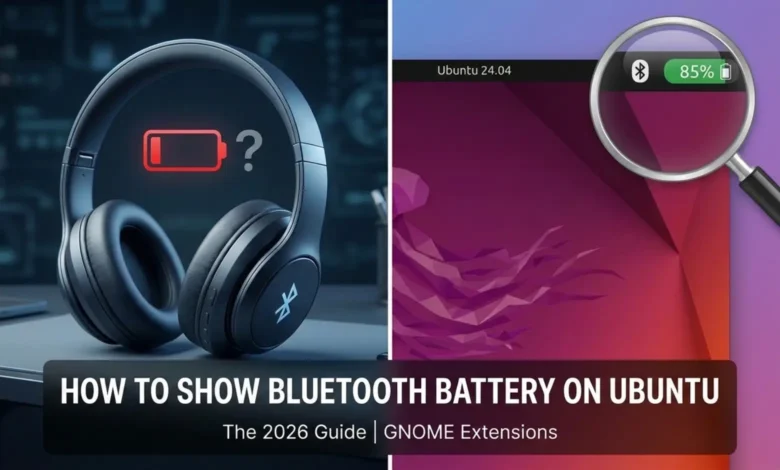 Comparison of missing battery icon on headphones and fixed Bluetooth battery percentage indicator on Ubuntu 24.04 top bar.