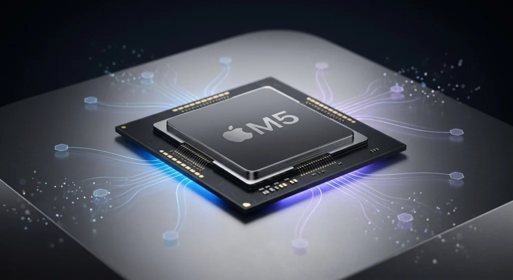 Apple M5 Chip: Local LLM Powerhouse A high-quality 3D render of the Apple M5 chip.