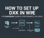 Technical diagram showing the translation of Windows game calls through DXVK to Vulkan for Linux gaming performance.