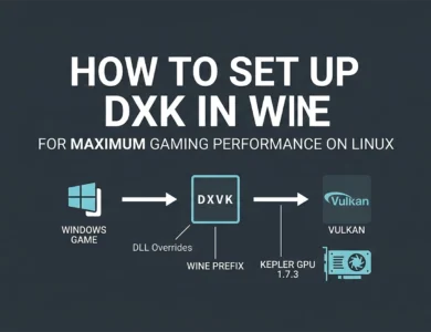Technical diagram showing the translation of Windows game calls through DXVK to Vulkan for Linux gaming performance.