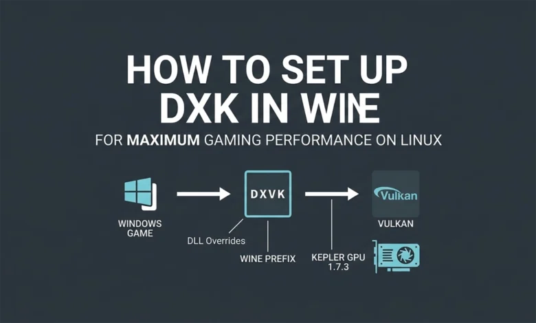Technical diagram showing the translation of Windows game calls through DXVK to Vulkan for Linux gaming performance.