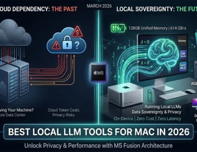 Infographic comparing cloud vs local sovereignty for Apple M5 LLM tools — best local LLM tools for Mac in 2026.