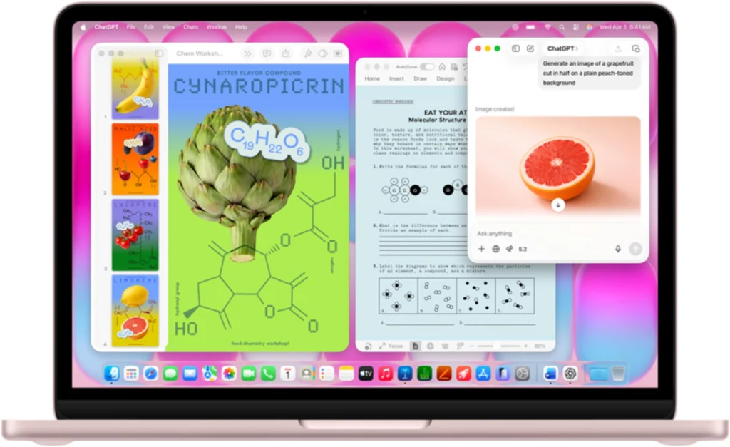 MacBook Neo in Blush color showing macOS AI apps and Apple Intelligence features