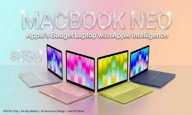 MacBook Neo $599 budget laptop with Apple Intelligence features and macOS Tahoe.