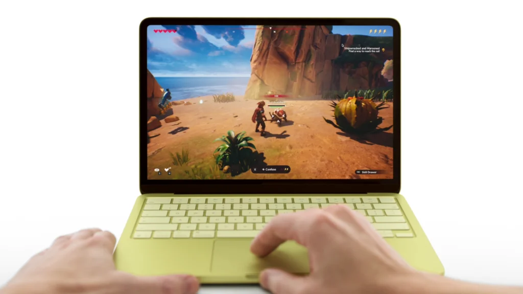 MacBook Neo playing a 3D game, demonstrating A18 Pro GPU performance