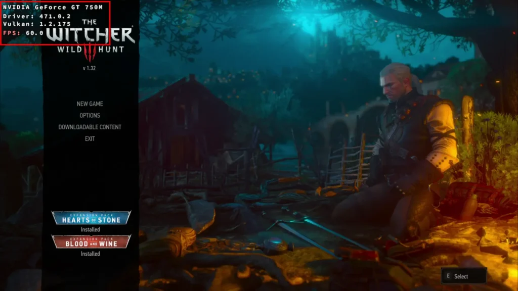 In-game screenshot of The Witcher 3 - Wild Hunt Classic v1.32 on Linux Mint using DXVK 1.7.3 on a legacy NVIDIA GeForce GT 750M Kepler GPU.