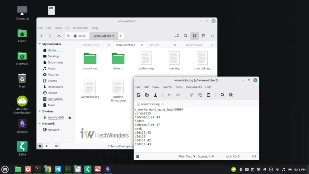 Winetricks log file showing installed components including DXVK for The Witcher 3 Wine prefix on Linux Mint