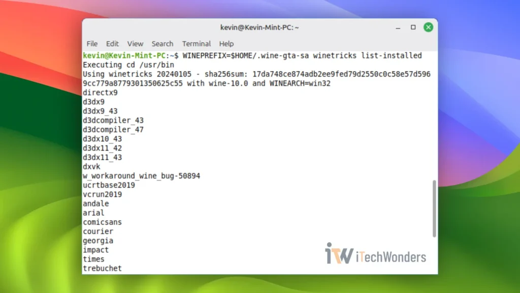 Linux Mint Terminal output showing installed Winetricks components inside a Wine prefix
