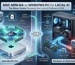 Infographic comparing Mac Mini M4 Pro and Windows AI Workstation for local AI, showing Unified Memory capacity vs. NVIDIA RTX 5090 throughput and the VRAM cliff.