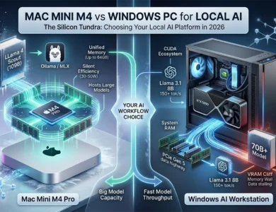 Infographic comparing Mac Mini M4 Pro and Windows AI Workstation for local AI, showing Unified Memory capacity vs. NVIDIA RTX 5090 throughput and the VRAM cliff.