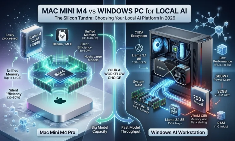 Infographic comparing Mac Mini M4 Pro and Windows AI Workstation for local AI, showing Unified Memory capacity vs. NVIDIA RTX 5090 throughput and the VRAM cliff.