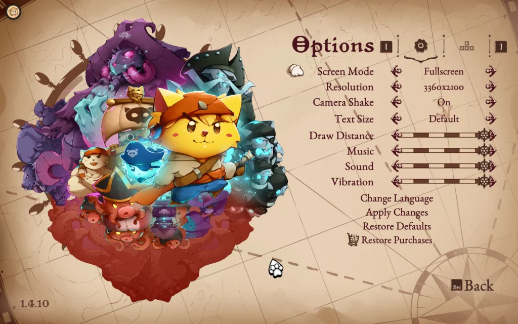 Cat Quest 3 options menu on macOS displaying a 3360×2100 pixel resolution setting.