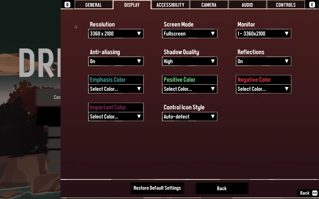 Display settings tab in the game DREDGE showing the rendering output at 3360×2100 pixels on a MacBook Pro.