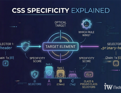 A technical infographic explaining how CSS specificity works, comparing different selector chains against a target element using a three-column ranking system.
