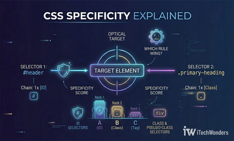 A technical infographic explaining how CSS specificity works, comparing different selector chains against a target element using a three-column ranking system.